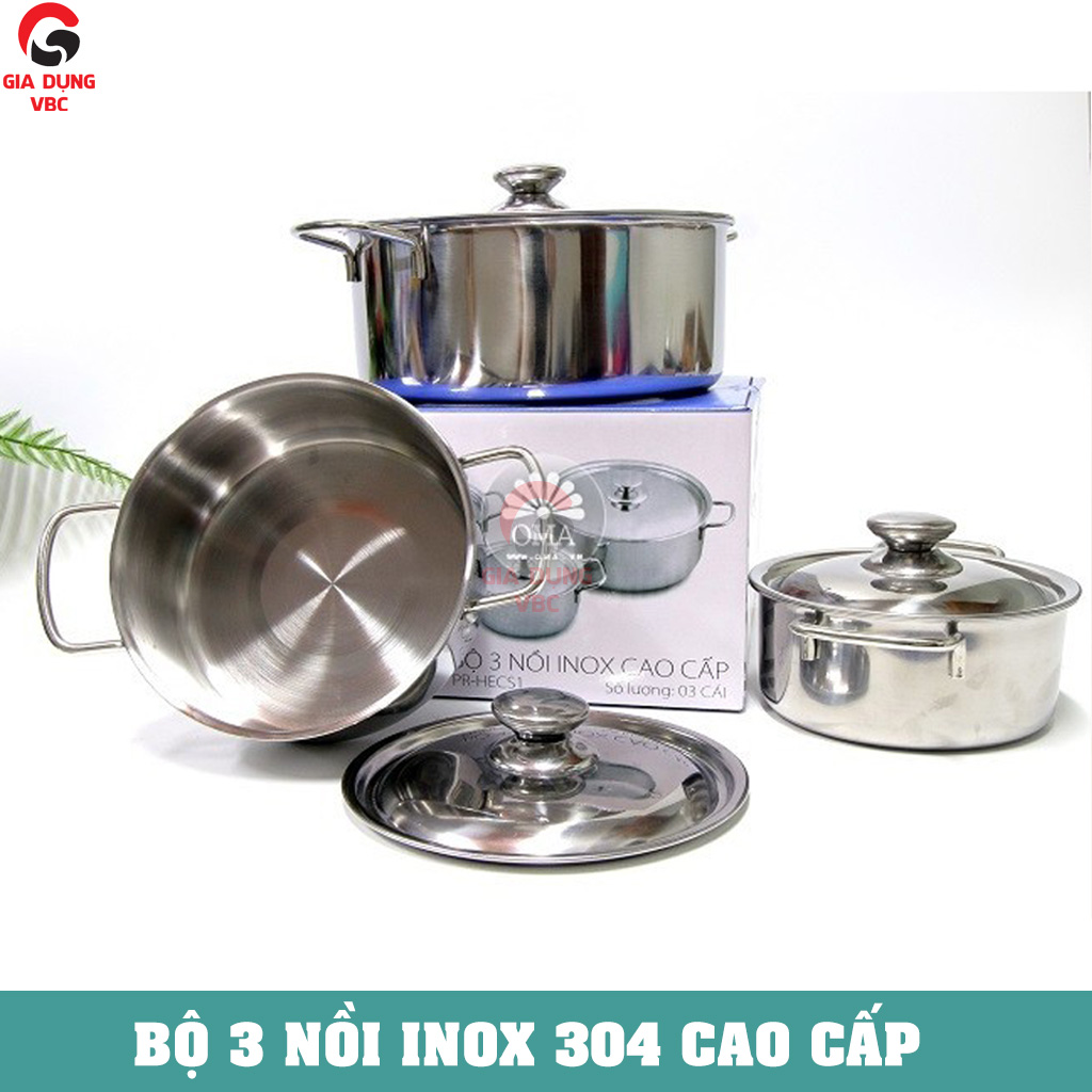 Bộ 3 Nồi Inox 304 Cao Cấp Nấu Được Cả Bế Gas Và Bếp Từ Siêu Tiện Lợi, Nồi inox bền đẹp tiện dụng cho gia đình