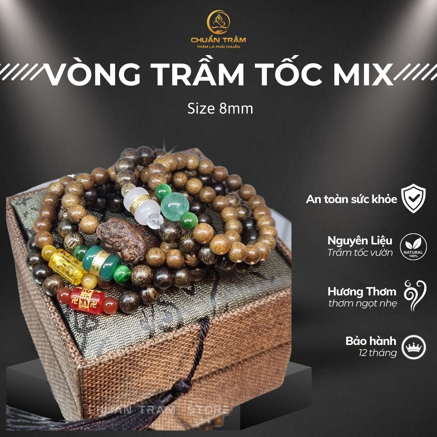 Vòng tay thời trang trầm hương tốc kiến vườn Chuẩn Trầm, vòng tay trầm hương tốc kiến vườn mix nhiều loại