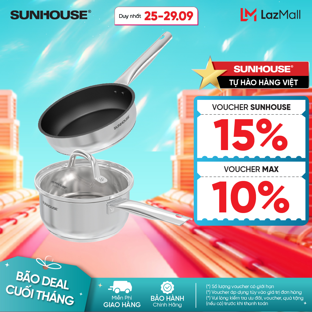 [ƯU ĐÃI 2 TẦNG VOUCHER] Bộ Chảo Quánh Inox Impact Sunhouse ECO IN16BB1 Đáy 3 Lớp Công Nghệ Impact Bonding, Bền Bỉ, Truyền Nhiệt Tốt