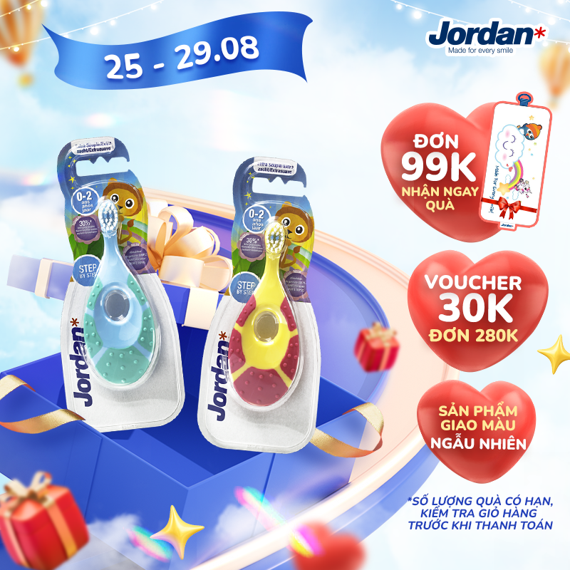 Bàn chải đánh răng cho trẻ em 0-2 tuổi Jordan Step 1, Lông siêu mềm