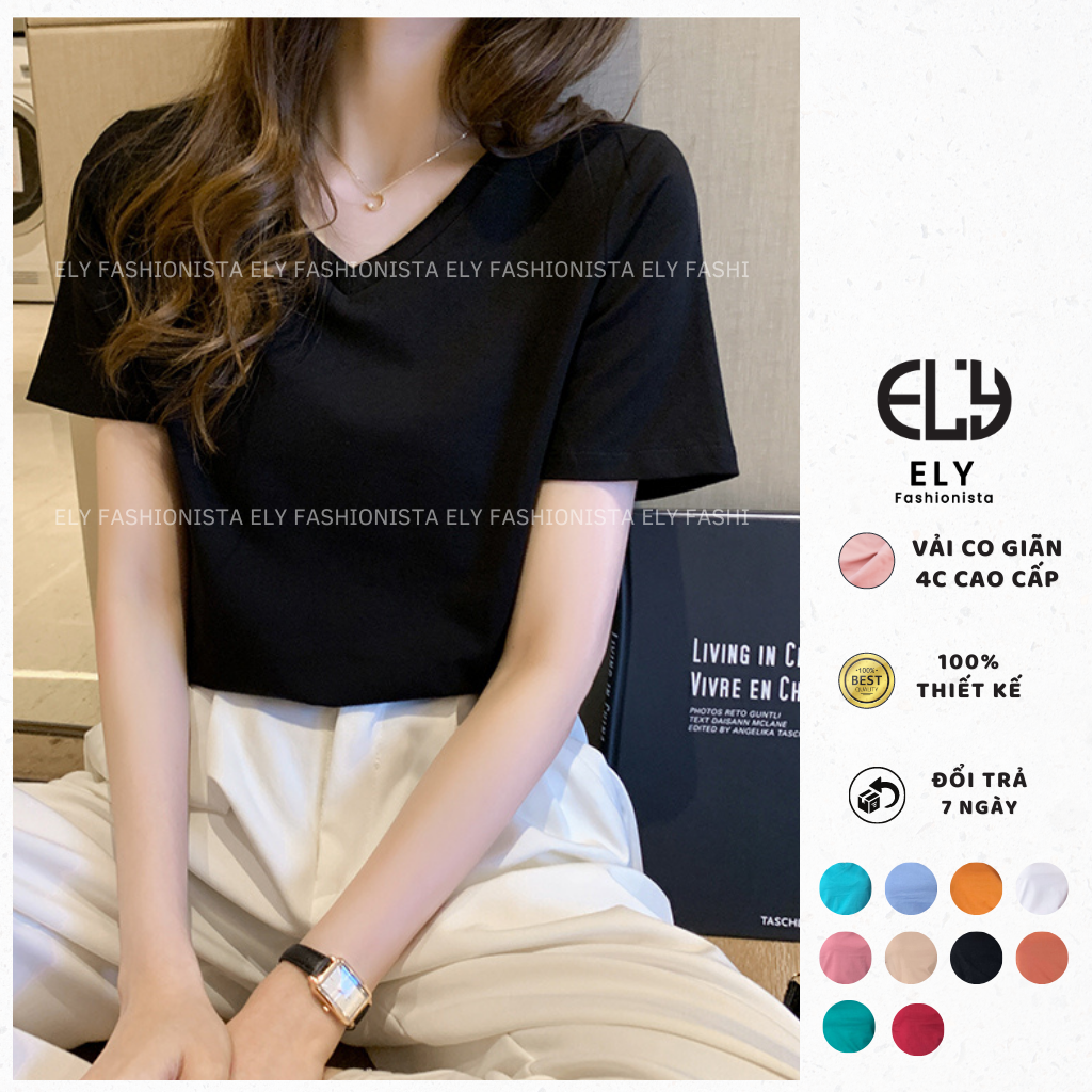 Áo thun nữ kiểu cổ tim ngắn tay form vừa chất borip cao cấp co giãn 4 chiều màu trắng đen thời trang đẹp Áo phông nữ cổ tim kiểu basic co giãn 4 chiều cao cấp vừa xinh EL205