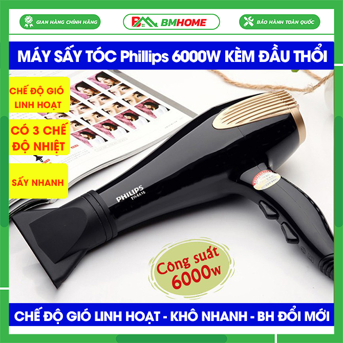 Máy sấy tóc Phillips công xuất lớn 6000W, Máy sấy khô nhanh, chế độ gió linh hoạt, không làm khô tóc - May say toc Phillips, Bảo hành 12 tháng