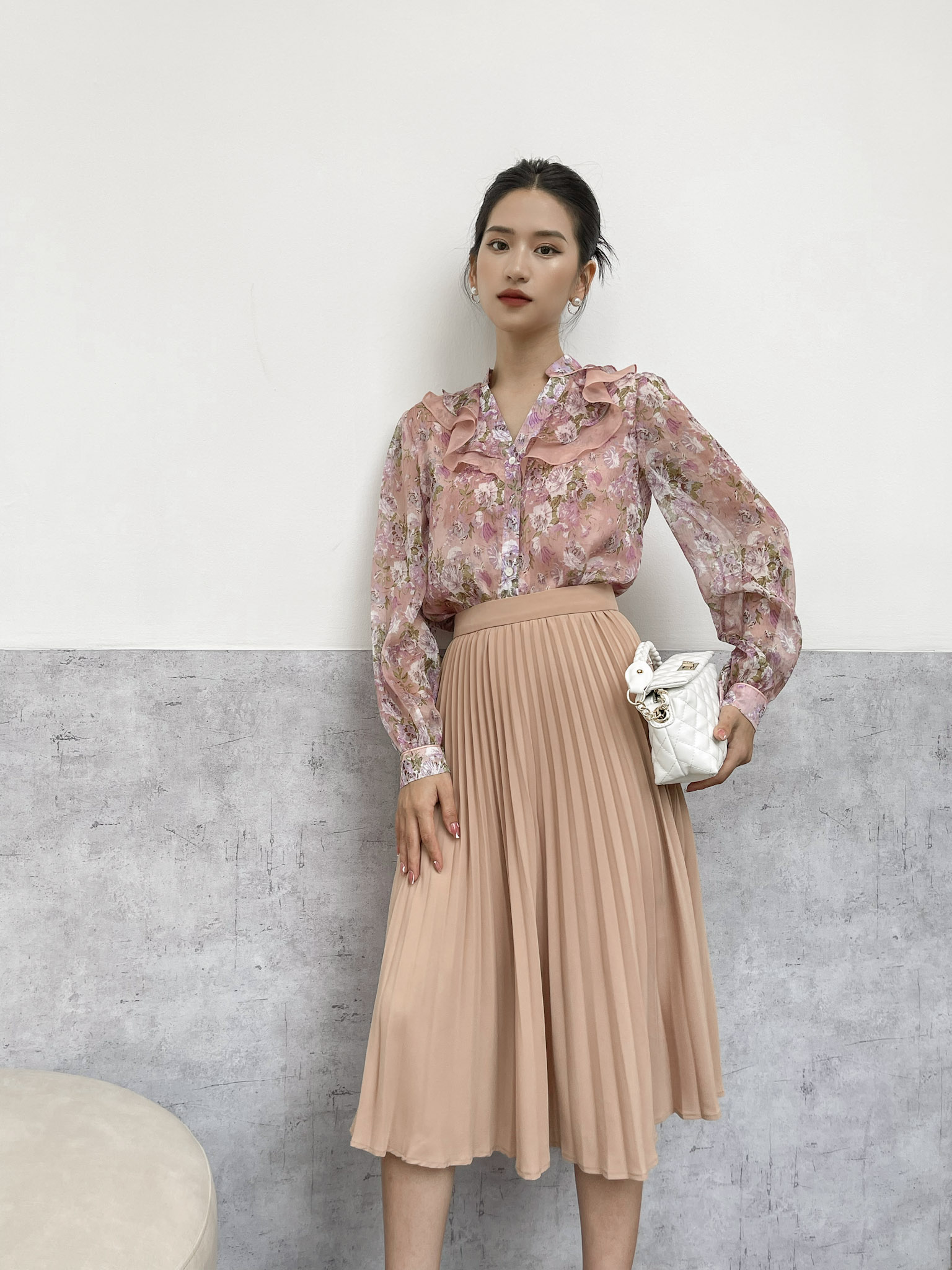 Lalya_cv109_chân váy dập ly xoè quạt-camđào