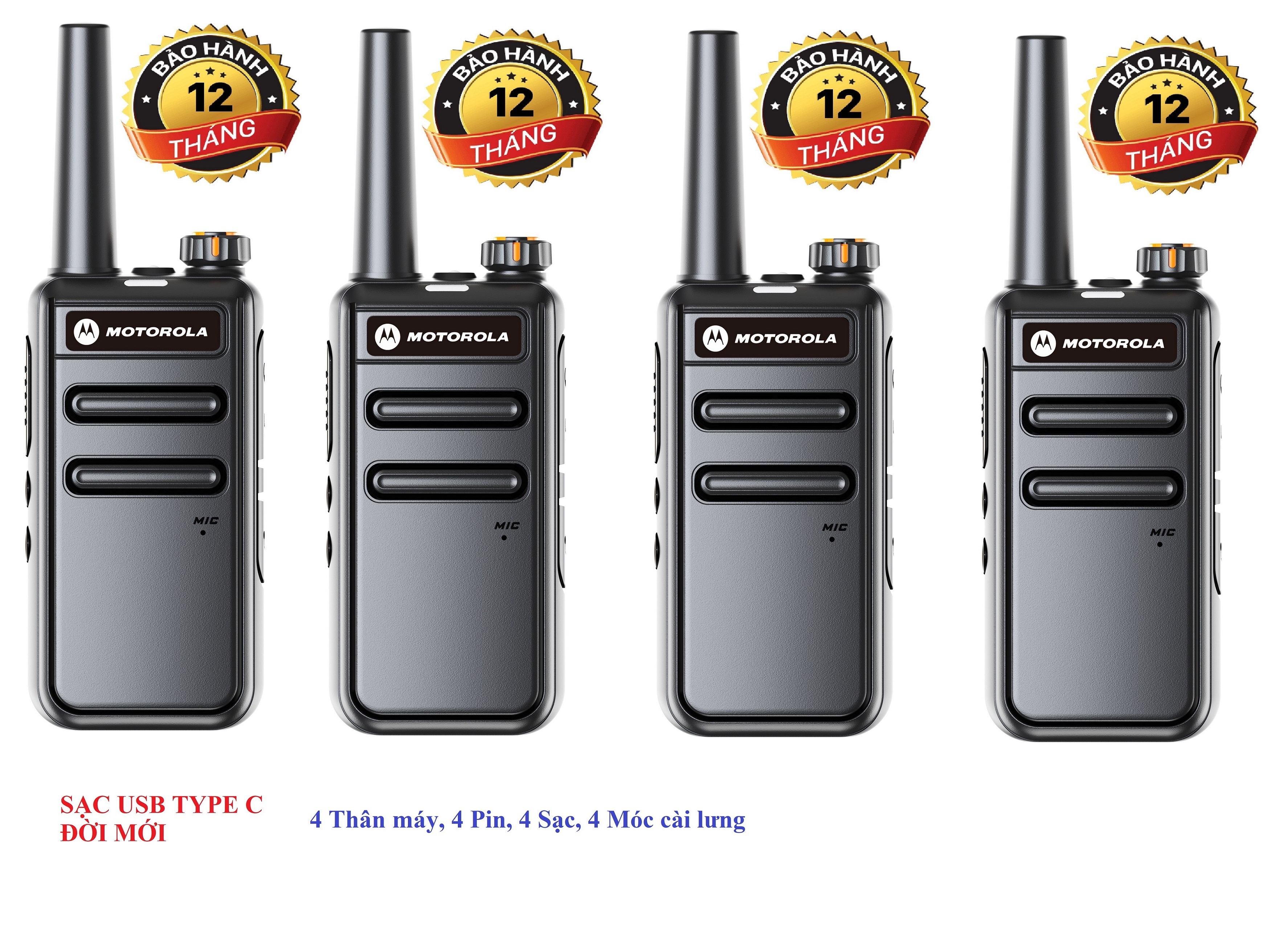 Bộ 4 bộ đàm motorola gp568 (loa to,chống từ tính, pin sử dụng trên 15 tiếng, sạc usb type c đời mới, cự ly liên lạc xa)