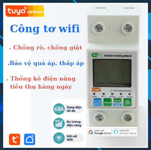  Công Tơ Điện Tử Thông Minh Wifi Tuya 63A Đếm Điện Năng Tiêu Thụ Bảo Vệ Chống Rò Rỉ Điều Khiển Từ Xa 