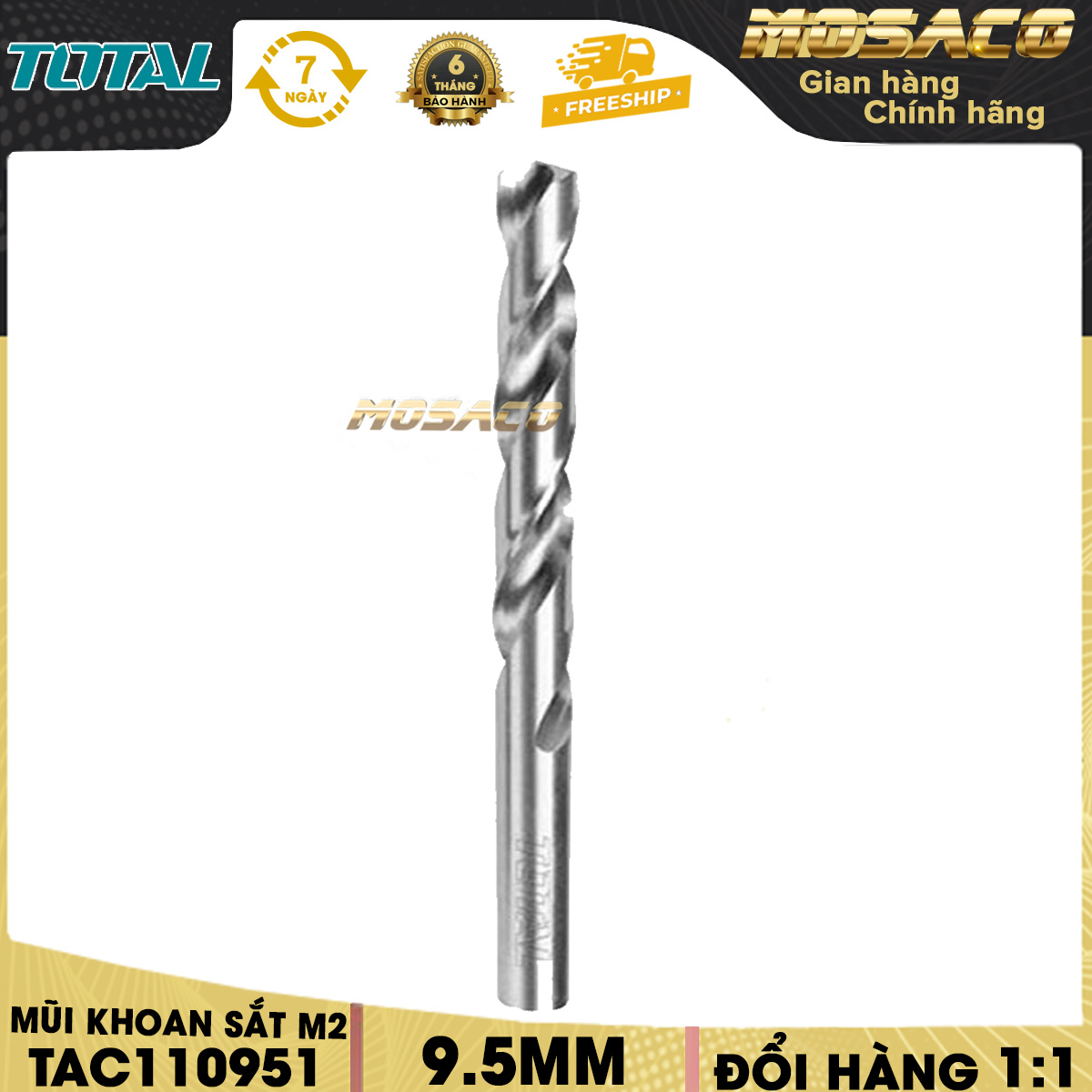 Mũi khoan sắt M2 TOTAL TAC110951 Mũi khoan sắt loại tốt đường kính 9,5mm dùng để khoan sắt, khi sử dụng với máy khoan tốt cho đường nét khoan đẹp và chất lượng tuổi thọ cao Bảo hành 6 tháng-MOSACO