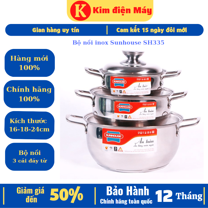 Bộ nồi inox sunhouse sh335-nồi đáy từ bộ 3 cái 16-18-24cm-bảo hành 12 tháng toàn quốc