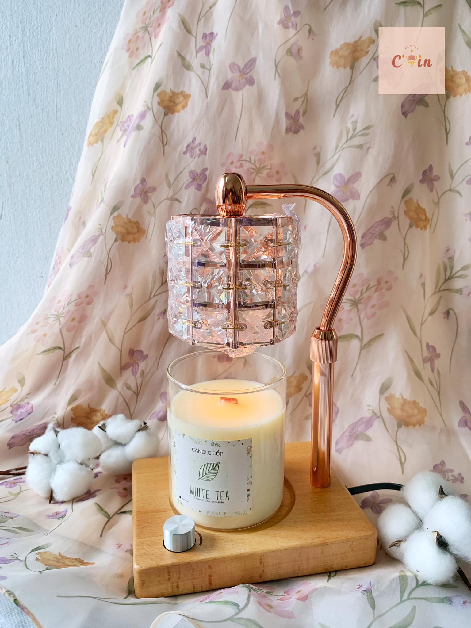 Đèn đốt nến thơm vàng đế gỗ - điều chỉnh độ cao, điều chỉnh độ sáng - đốt nến bbw yankee phong cách hàn quốc lãng mạn
