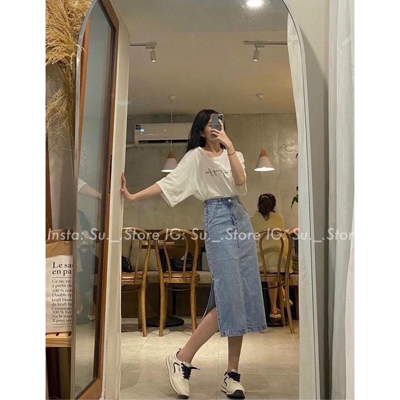 Chân váy bò nữ xẻ cạnh dáng dài, chân váy xẻ ngang