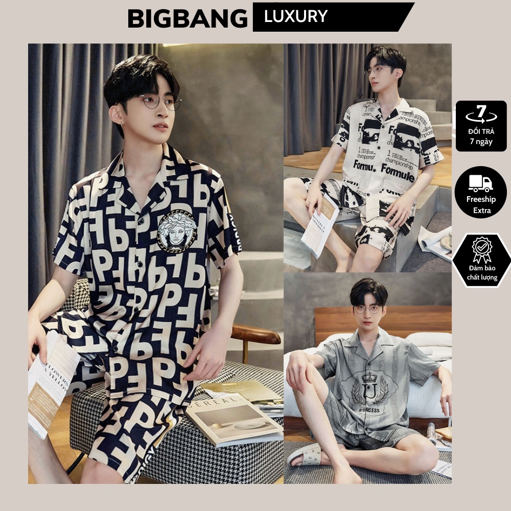 Bộ đồ nam mặc nhà bigbang luxury áo cộc quần cộc họa tiết hoạt hình - bộ pyjama nam cộc chất lụa mát quảng châu cao cấp