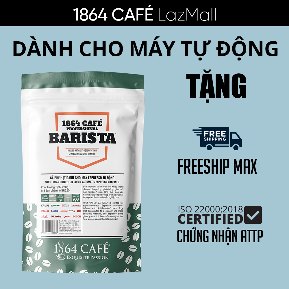 220g cà phê nguyên hạt không dầu, không bơ chuyên dùng cho máy espresso hoàn toàn tự động - 1864 café® professional barista.