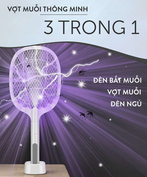 Vợt muỗi kiêm đèn bắt muỗi thông minh 3 in 1, diệt muỗi trong nhà, ngoài trời, Máy diệt côn trùng sạc USB Công nghệ Châu Âu