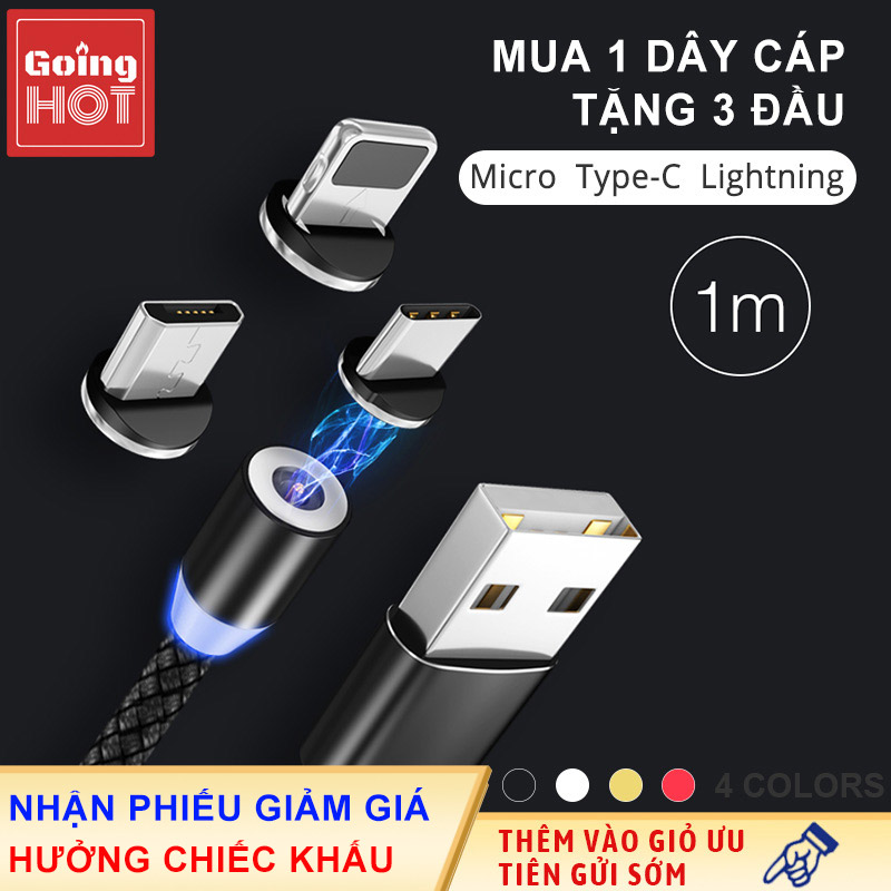 [Tặng kèm 3 đầu nối] Dây cáp từ dây sạc lực hút mạnh đầu hút nam châm sạc điện thoại Android type-c iphone x 3 trong 1 kèm 3 sạc trên xe (dây nylon)