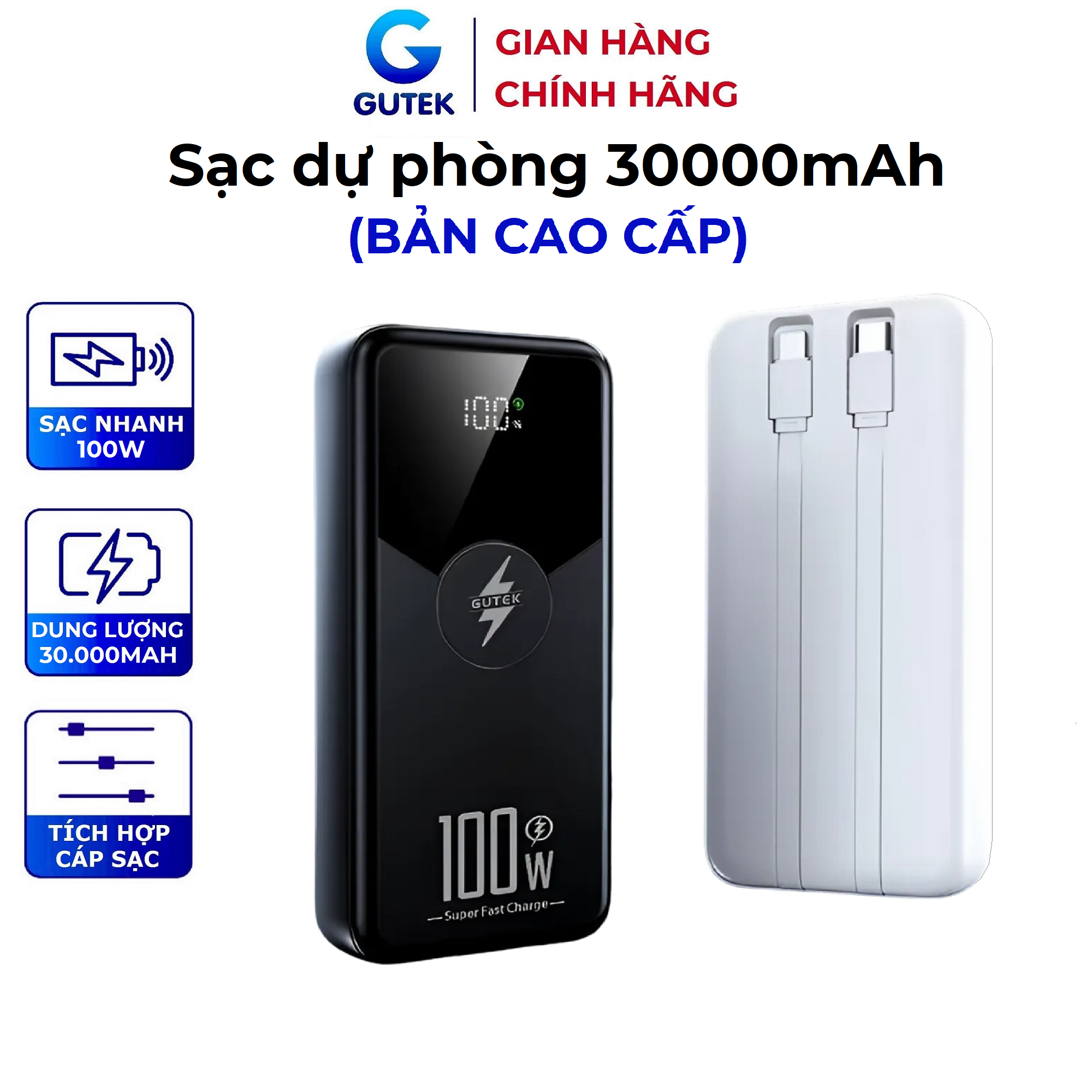Sạc dự phòng 20000mAh Gutek GT229 sạc nhanh 100W pin dung lượng lớn tích hợp dây cáp cho điện thoại