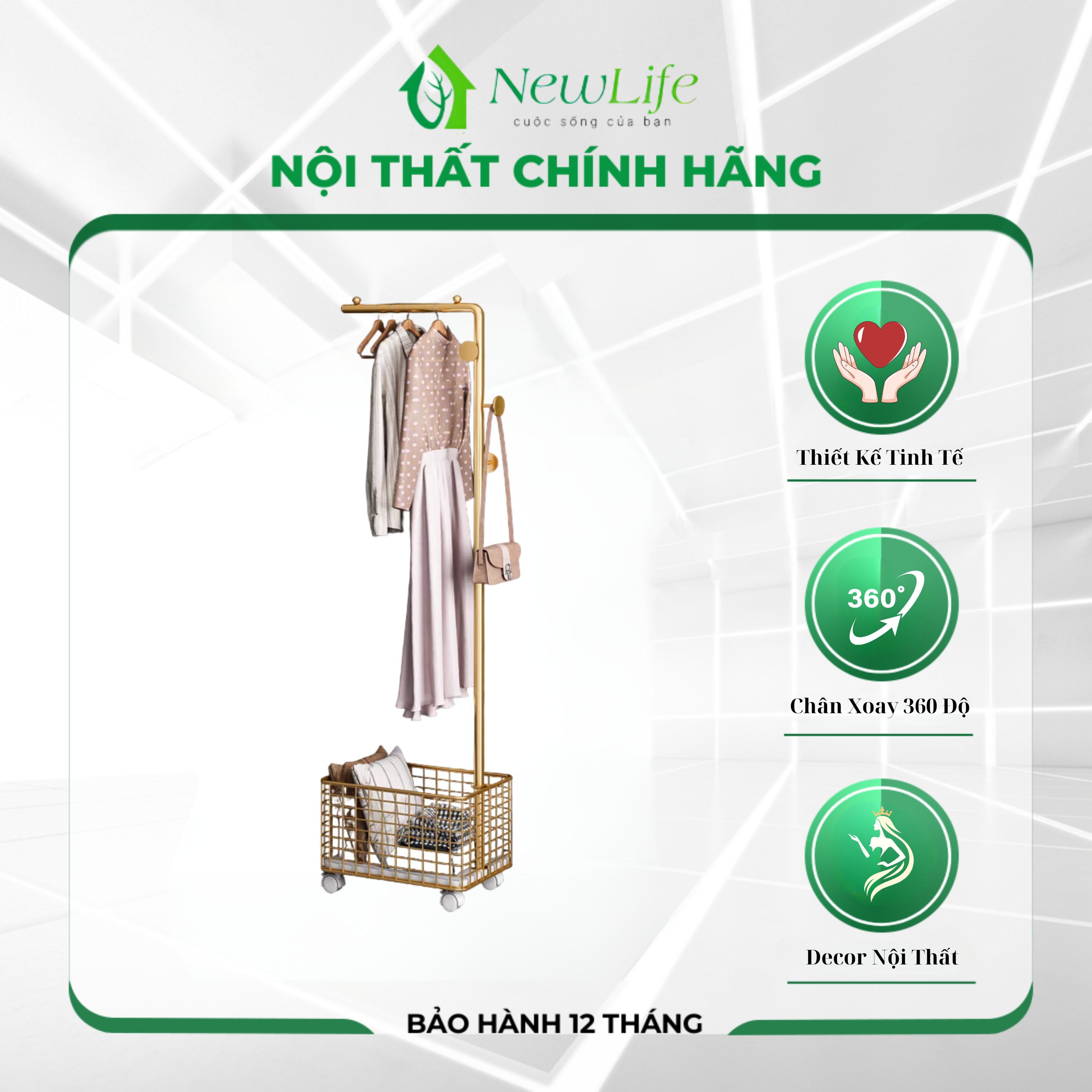 Cây treo quần áo kèm giỏ đựng đồ có bánh xe, cây treo đồ đẹp decor gia đình sang trọng cao 1m7 khung thép sơn tĩnh điện