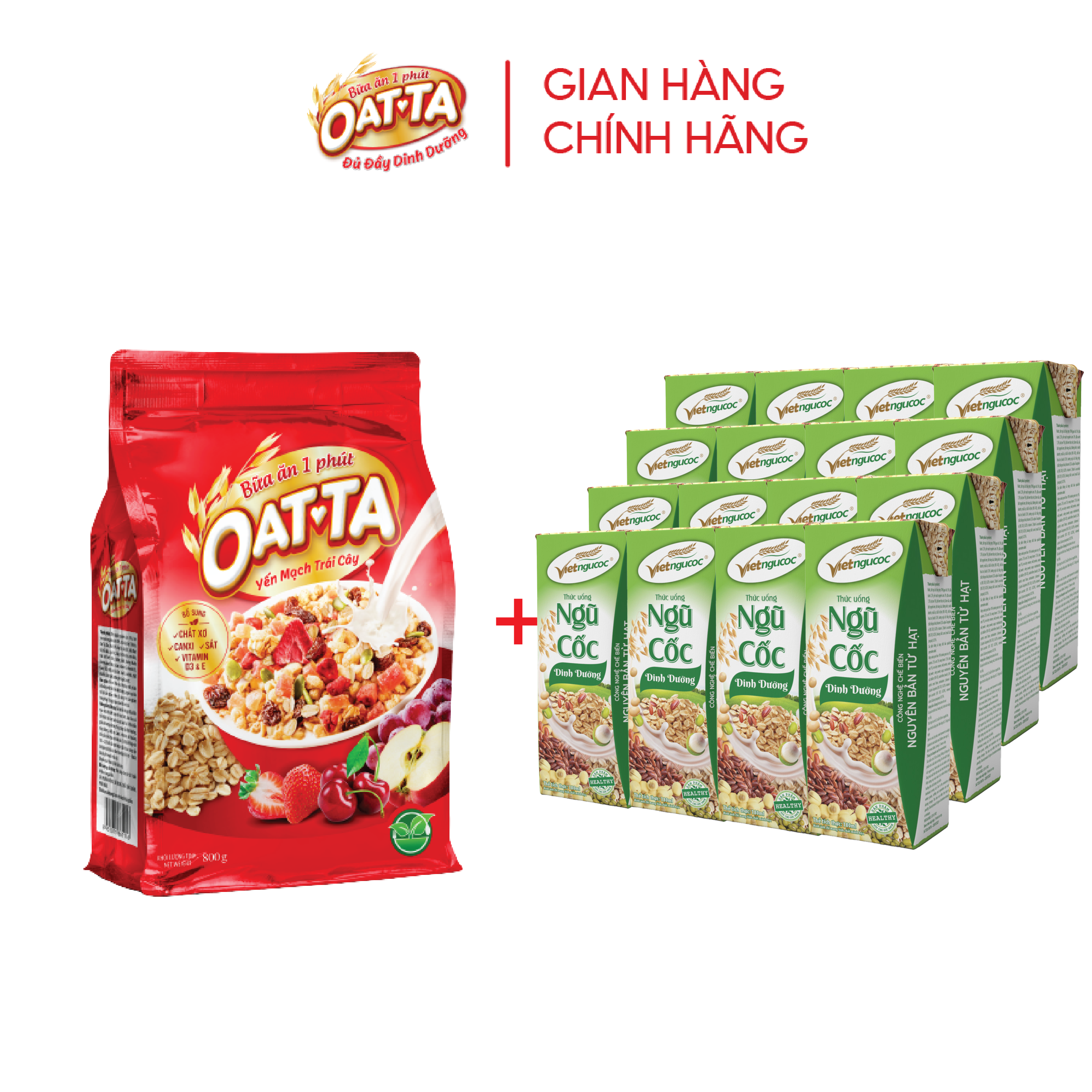 Combo 1 gói oatta yến mạch trái cây 800g + 4 lốc ngũ cốc dinh dưỡng uống liền việt ngũ cốc 180ml ăn sáng tiện lợi