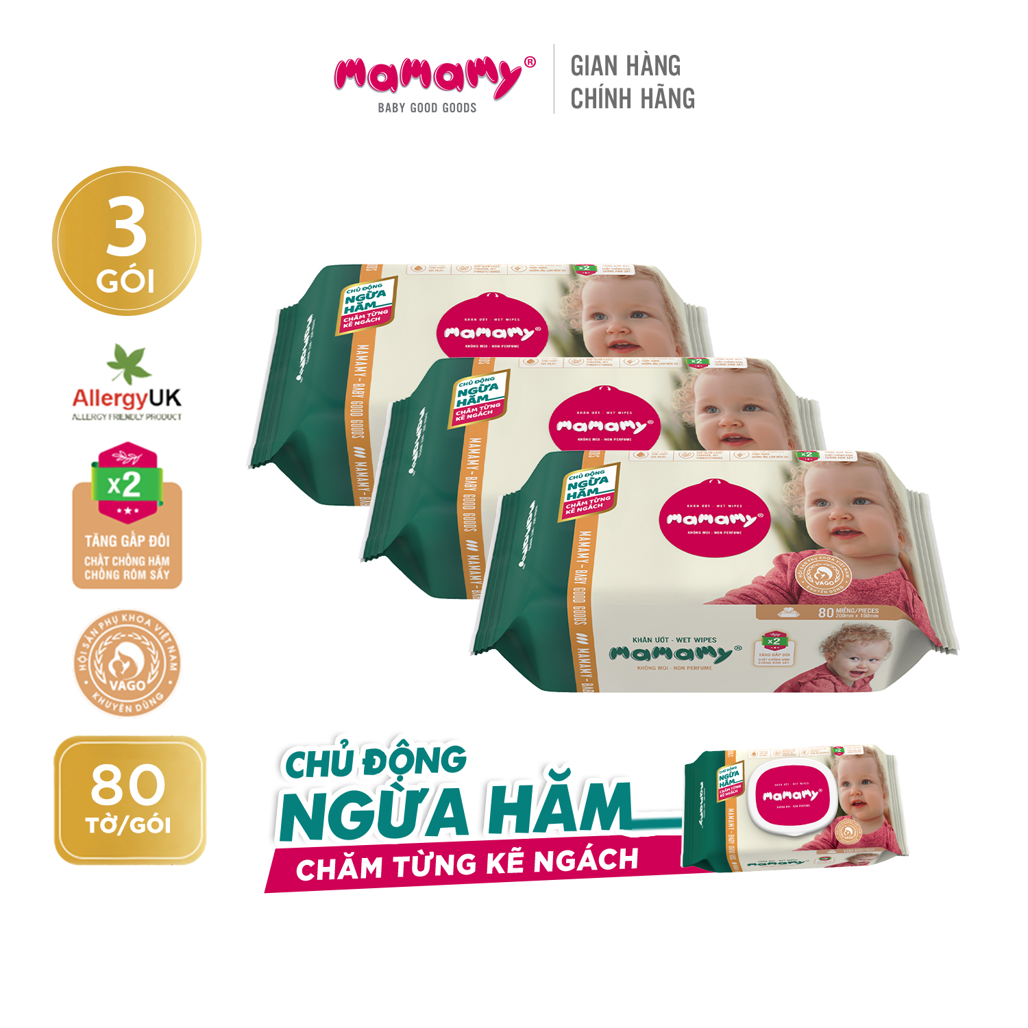 Combo 3 Khăn giấy ướt 80 tờ không có nắp chủ động ngừa hăm/x2 chất ngừa hăm Mamamy Không mùi/Mùi dịu nhẹ an toàn cho bé