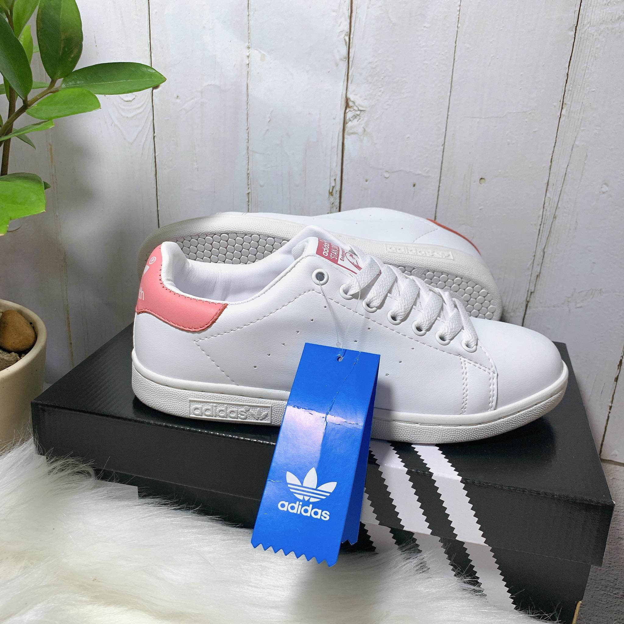 Giày thể thao stan-smith-gót-hồng nữ bata nữ trắng gót hồng da thật chuẩn smit loại đẹp - kèm hộp