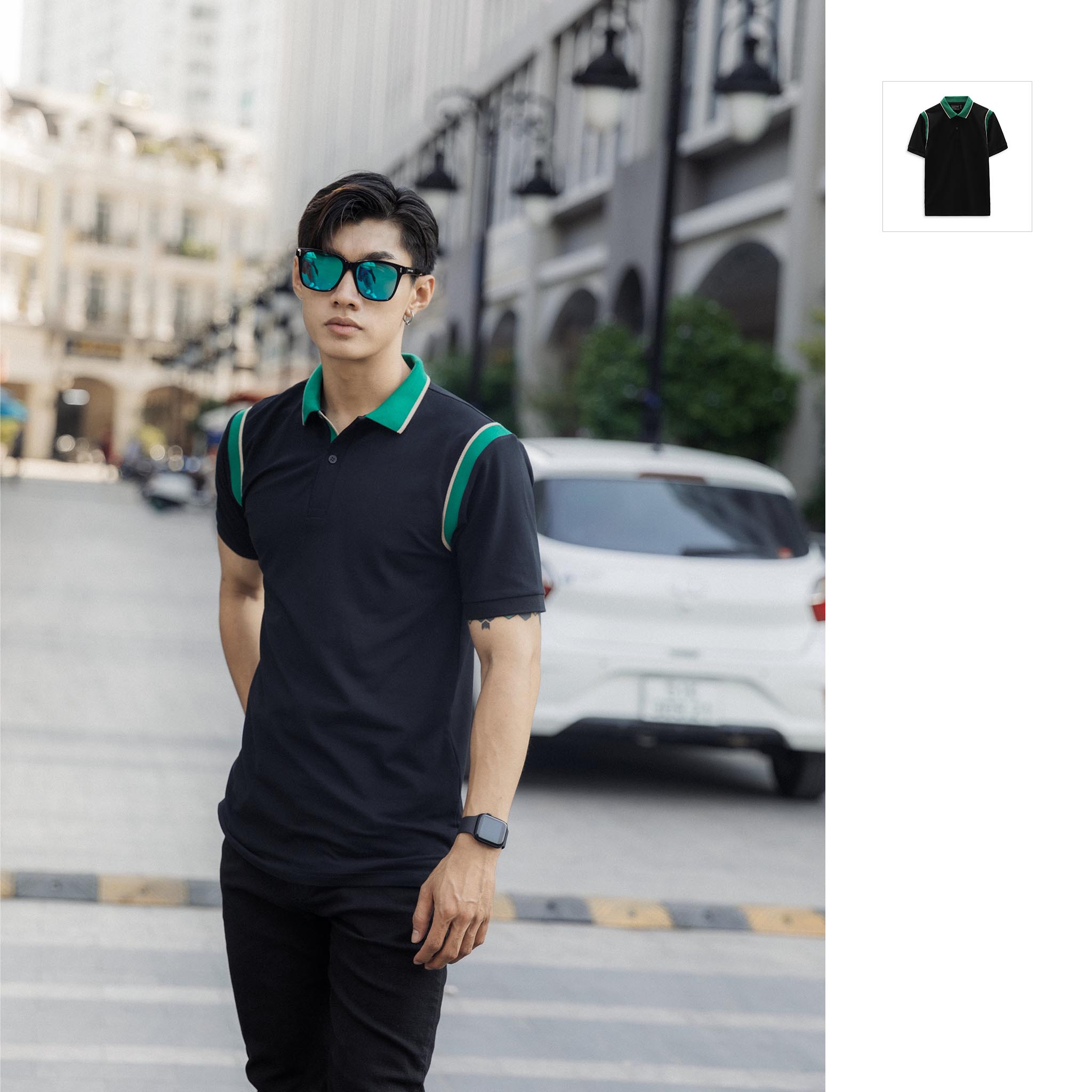 Áo polo nam green shoulder black , pl0008-01 ,somehow