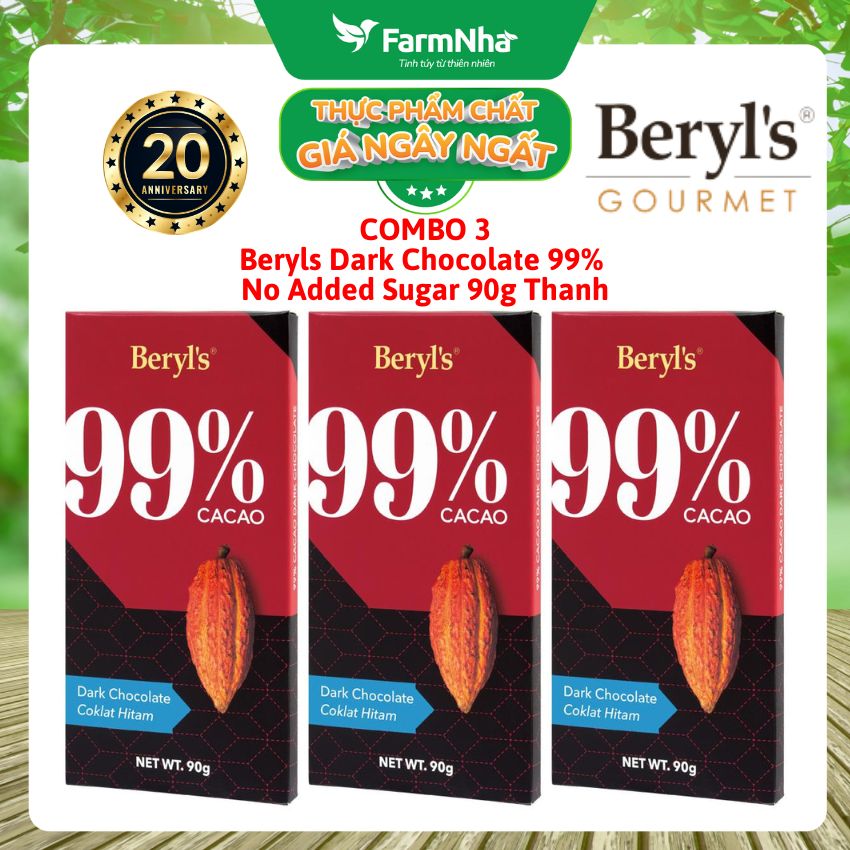 (Combo 3) Sô cô la Beryls No Added Sugar Dark 99% Chocolate 90g: Sô Cô La Nguyên Chất Không Đường Tinh Tế