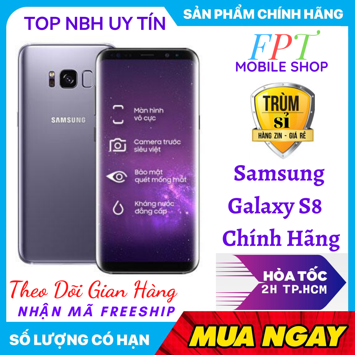 Điện Thoại Samsung Galaxy S8 Bản Hàn 2Sim Ram 4Gb/64Gb Mới Màn hình: Super AMOLED, 5.8", Quad HD+ (2K+)/ CPU: Exynos 8895 8 nhân Bảo Hành 1 đổi 1 Yên Tâm Mua Sắm Tại Hoàng Anh Mobile Shop  (giao ngẫu nhiên 1 sim/2 sim/ màn ám, lưu ảnh