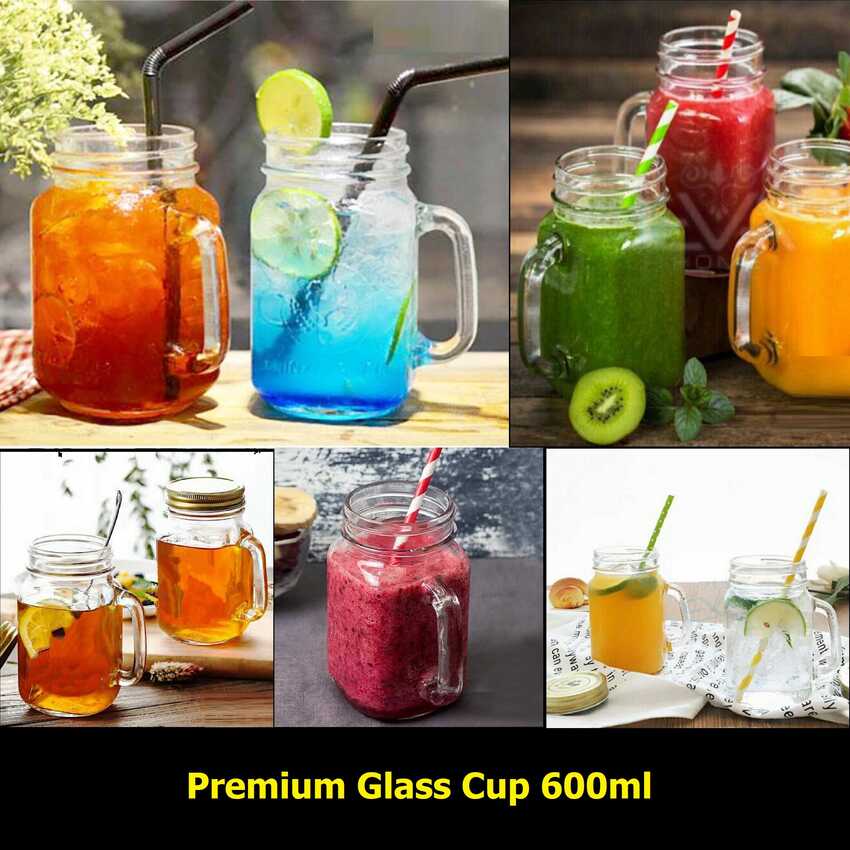 Ly Thủy Tinh Có Quai nắp đậy 600ML (1 cái) – Ca Nước Thủy Tinh nắp thiếc có lỗ cắm ống hút – Cốc Uống Nước Có Nắp - Ly Đựng Nước Ép - Ca Đựng Nước