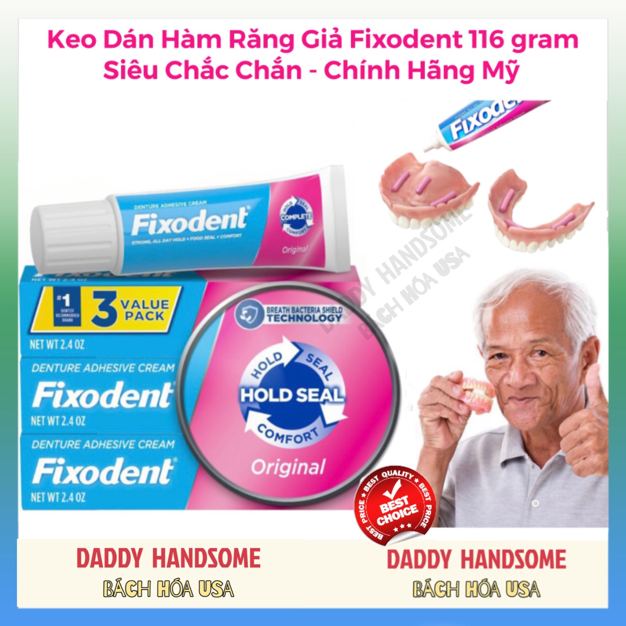Keo dán hàm răng giả hàm tháo lắp fixodent original 68g chính hãng mỹ