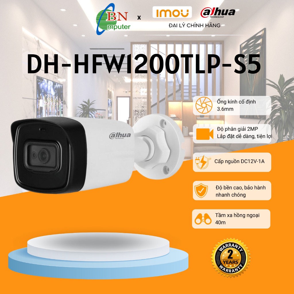 Camera quan sát Dahua DH-HFW 1200TLP 2.0MP camera dạng thân độ nét cao, lắp đặt được ngoài trời, camera 5in1