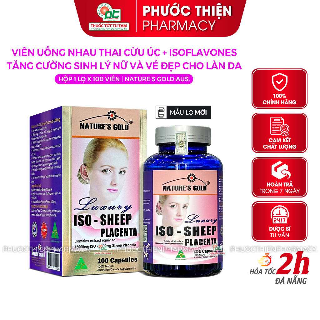 Viên uống nhau thai cừu cân bằng nội tiết tố nữ, đẹp da ISO SHEEP PLACENTA Nature's Gold mờ thâm nám, tàn nhang