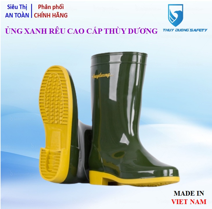 Ủng bảo hộ lao động xanh rêu vàng, chống nước, chống hóa chất, chống trơn trượt-Thùy Dương Safety