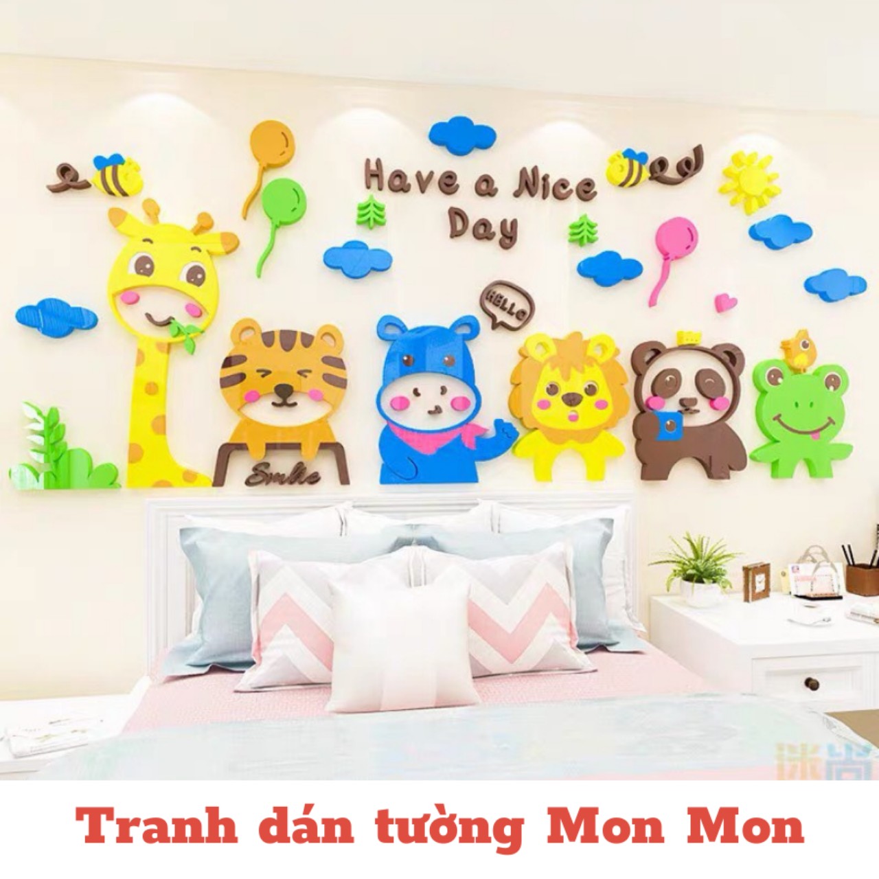 Tranh dán tường Mon Mon - Decal mica 3D have a nice day, thế giới động vật, trang trí phòng ngủ cho bé yêu
