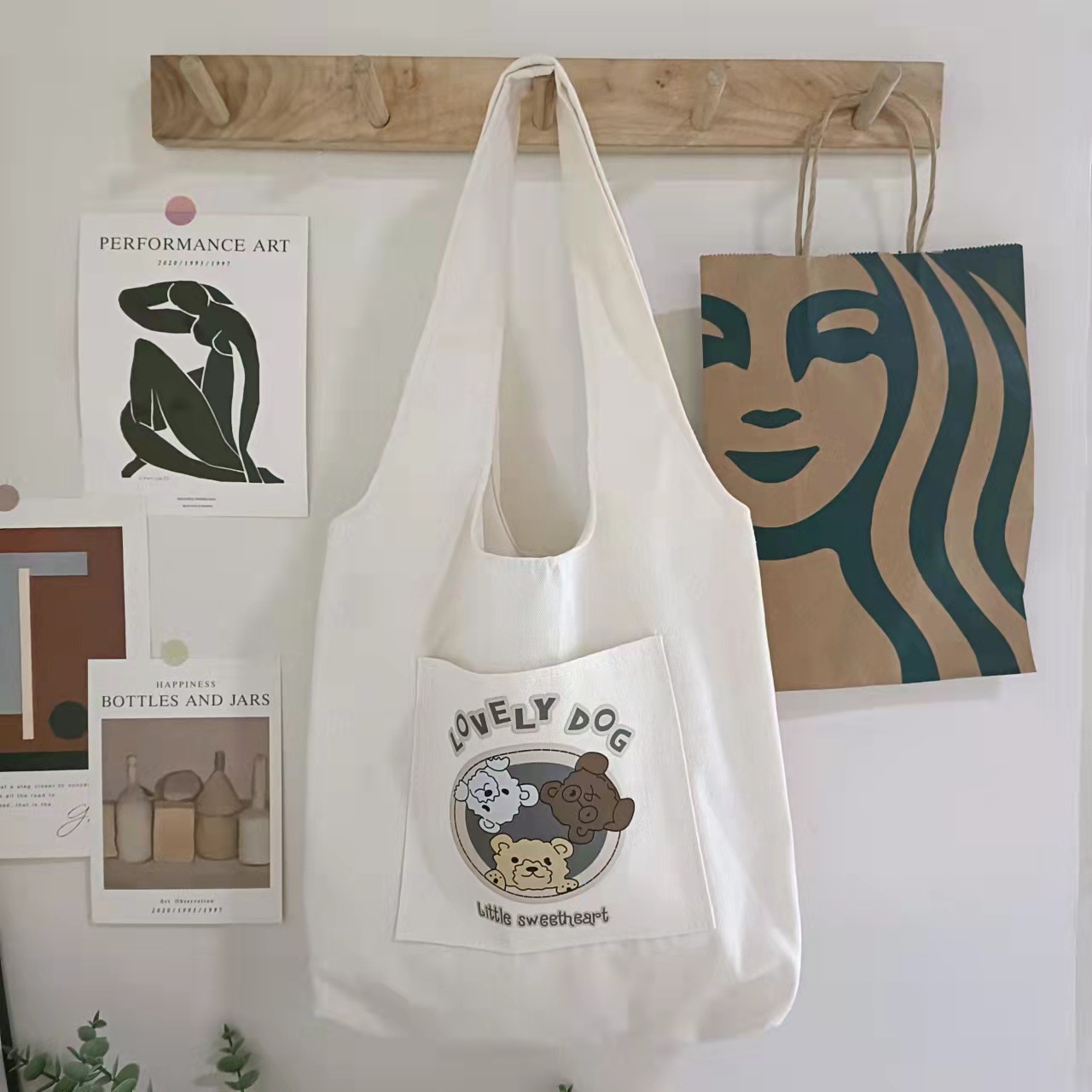 Túi đeo vai vải canvas liền thân có ngăn ngoài hoạ tiết hoa lá Superbag668 283