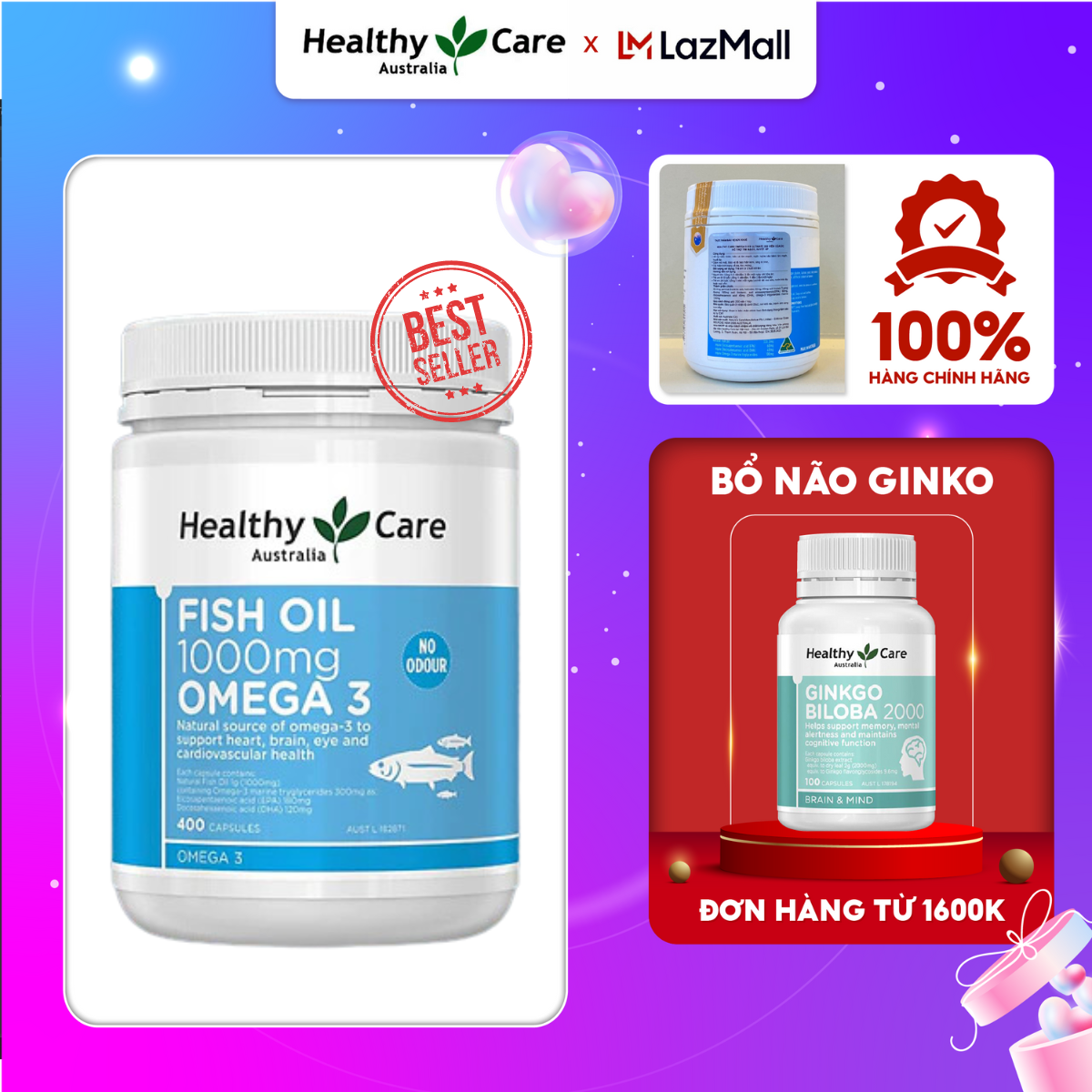 Dầu cá Healthy Care Fish Oil 1000mg Omega 3 400 viên – Bổ não, sáng mắt, tăng miễn dịch