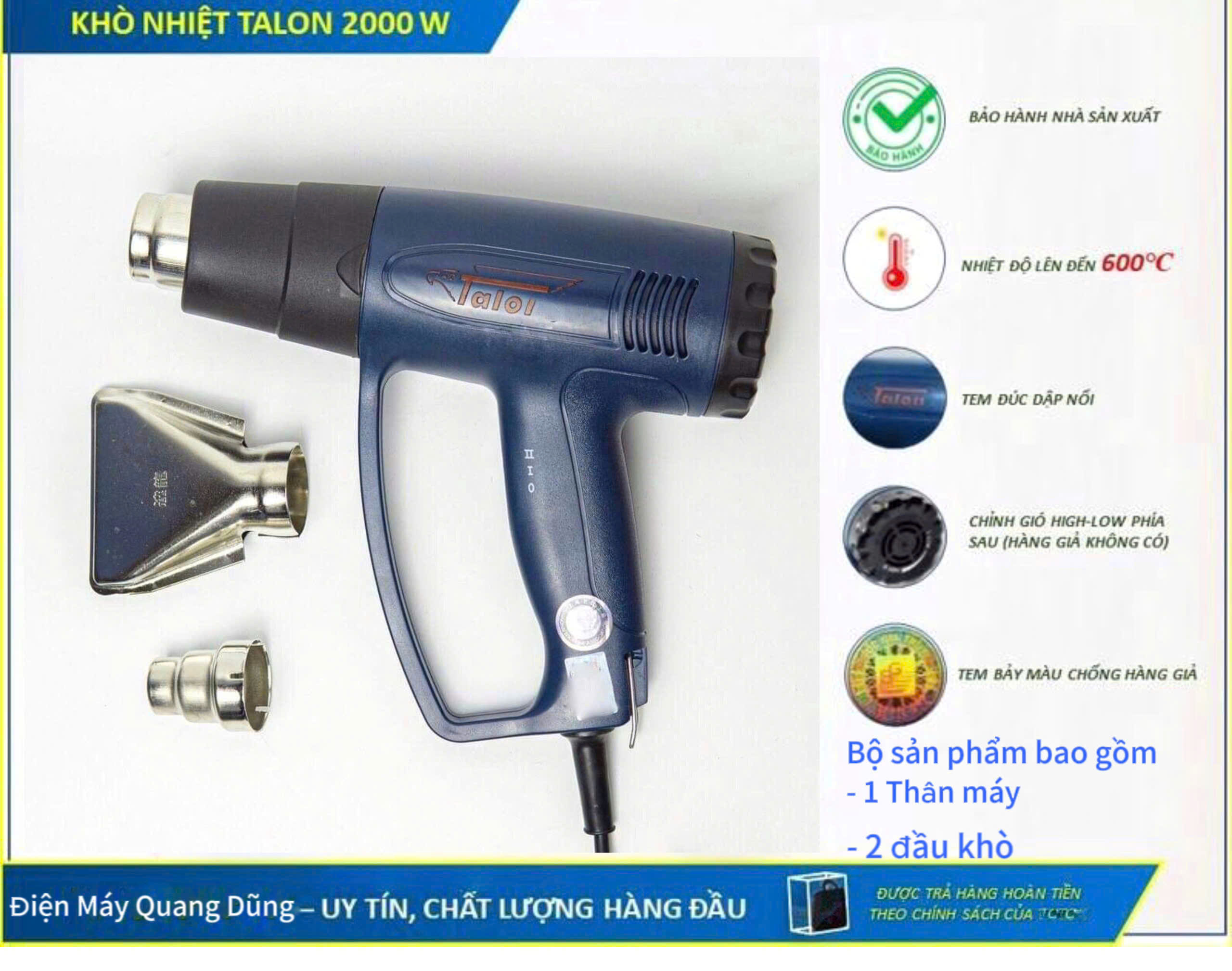 Máy khò nhiệt Talon 2000w, khò hơi nóng cầm tay mini, bọc màng co giỏ quà tết, dán decal ô tô xe máy