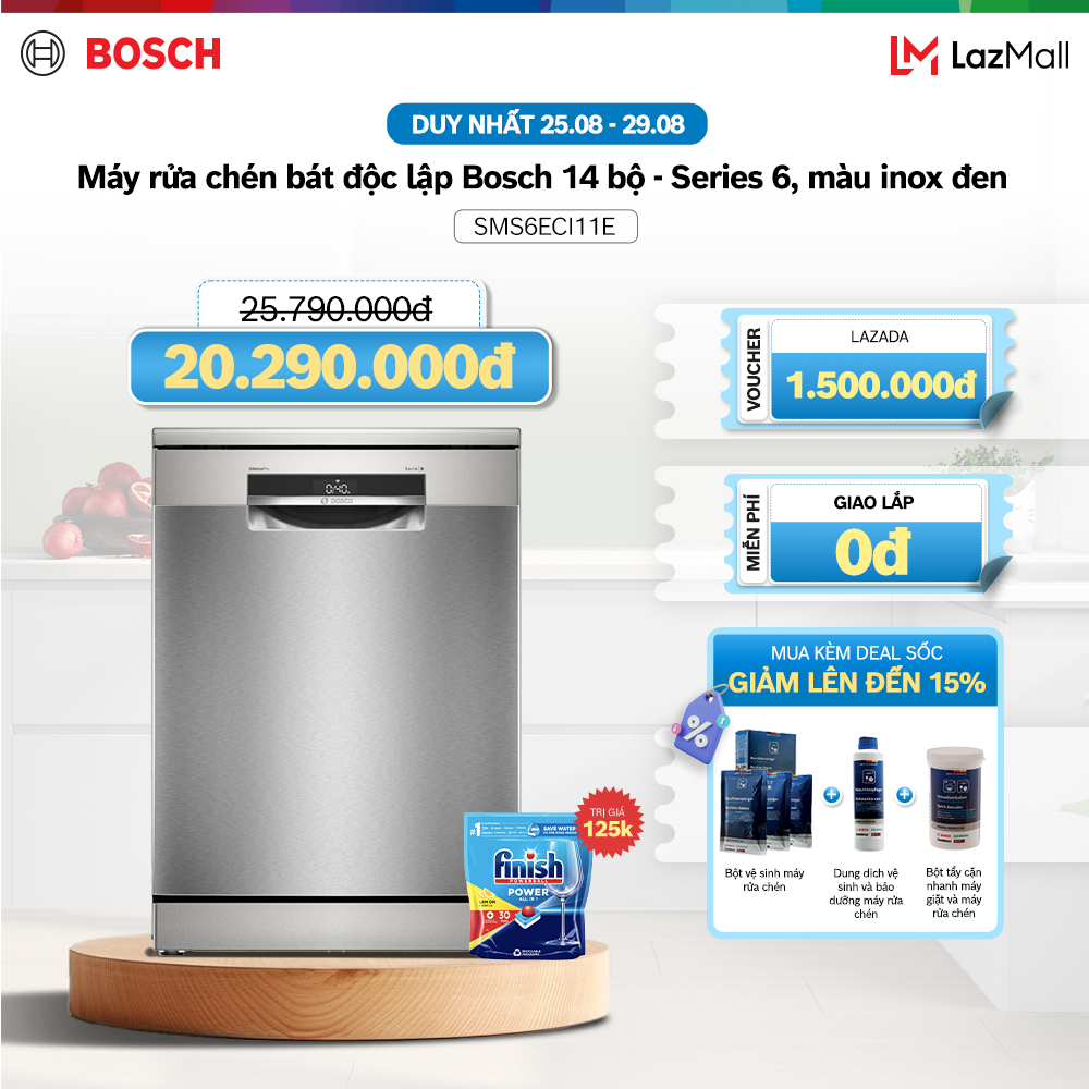 Máy rửa chén bát độc lập bosch 14 bộ sms6eci11e - series 6, màu inox đen - hàng chính hãng