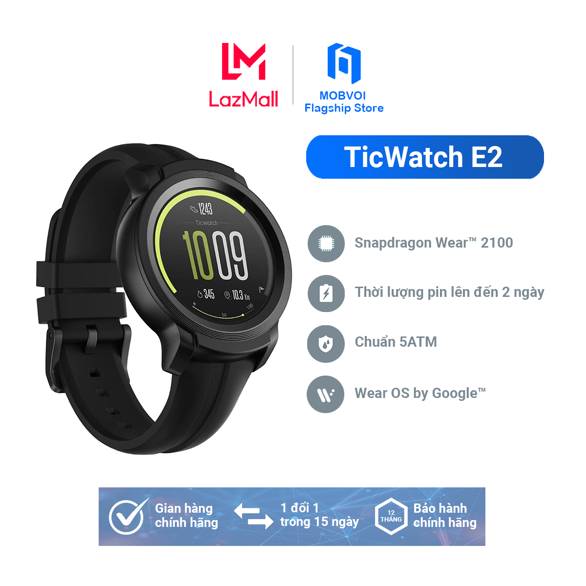 Đồng hồ thông minh Ticwatch E2 - Hàng chính hãng