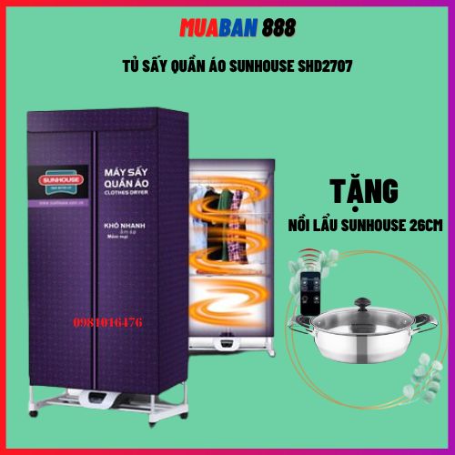 Tủ sấy quần áo Sunhouse SHD2707 có điều khiển, sấy 15kg quần áo Chính Hãng + Tặng nồi lẩu sunhouse 2