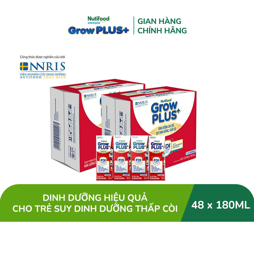 Thùng 48 hộp Sữa Nước Nutifood GrowPLUS+ Suy Dinh Dưỡng (Đỏ) - Hỗ trợ tăng cân, tăng chiều cao Ít đường 180ml - Trên 1 tuổi (Bao bì tùy đợt nhập hàng)