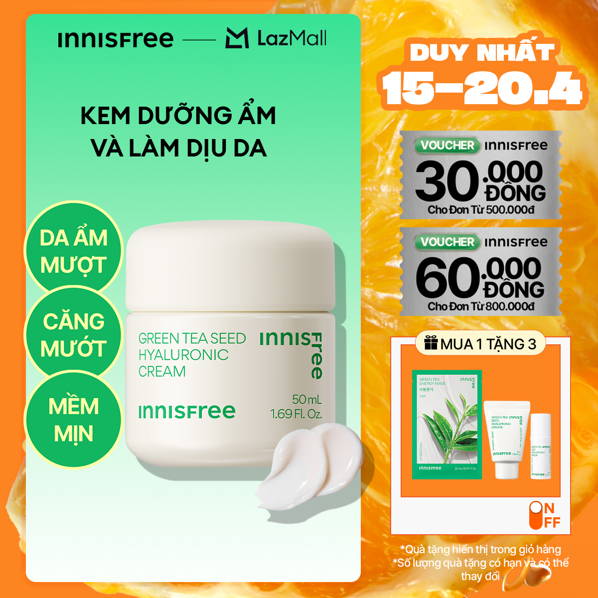 Kem dưỡng cung cấp ẩm từ trà xanh và dầu hạt trà xanh tươi INNISFREE Green Tea Seed Hyaluronic Cream