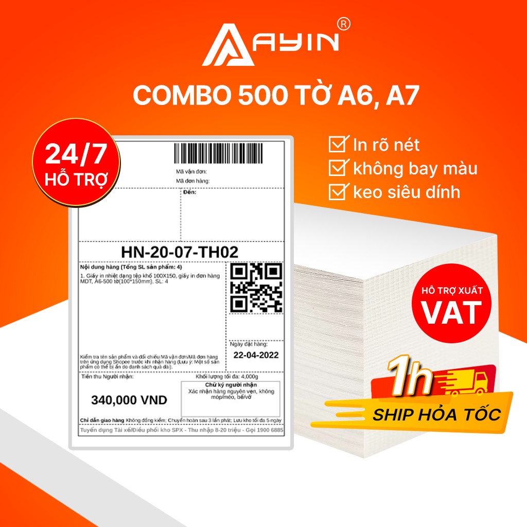 Giấy in nhiệt a6 a7 tệp 500 tờ in đơn TMĐT tem nhãn vận chuyển lớp keo dính sẵn dùng cho máy in nhiệt AYIN