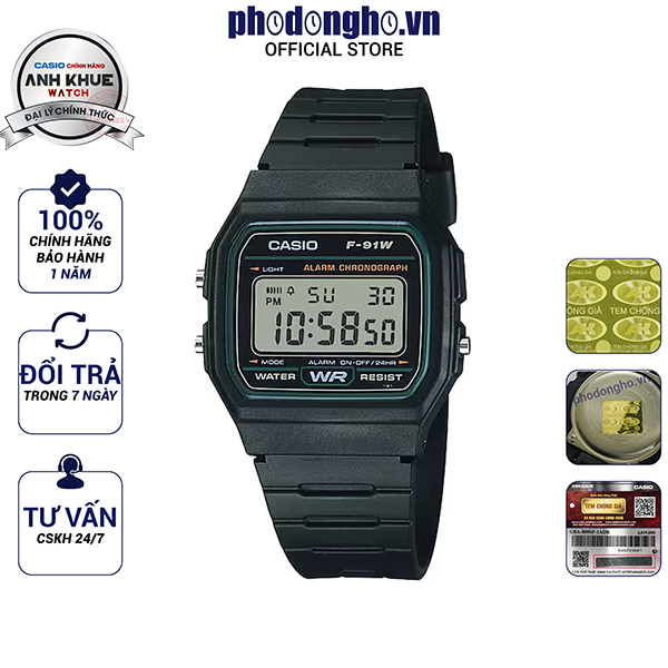 Đồng hồ dây nhựa Casio Anh Khuê F-91W-3DG