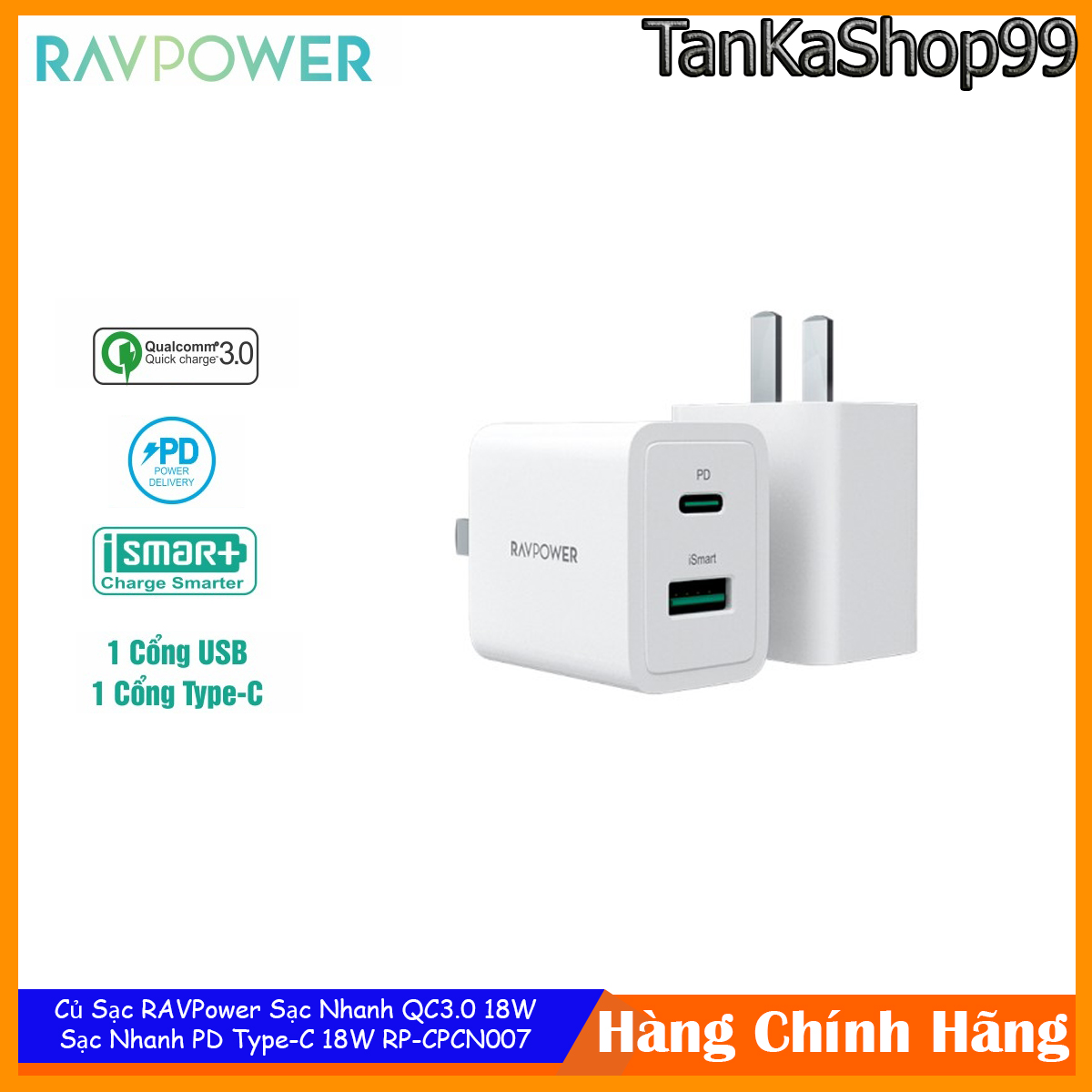 Củ Sạc RAVPower Sạc Nhanh QC3.0 18W, Sạc Nhanh PD Type-C 18W
