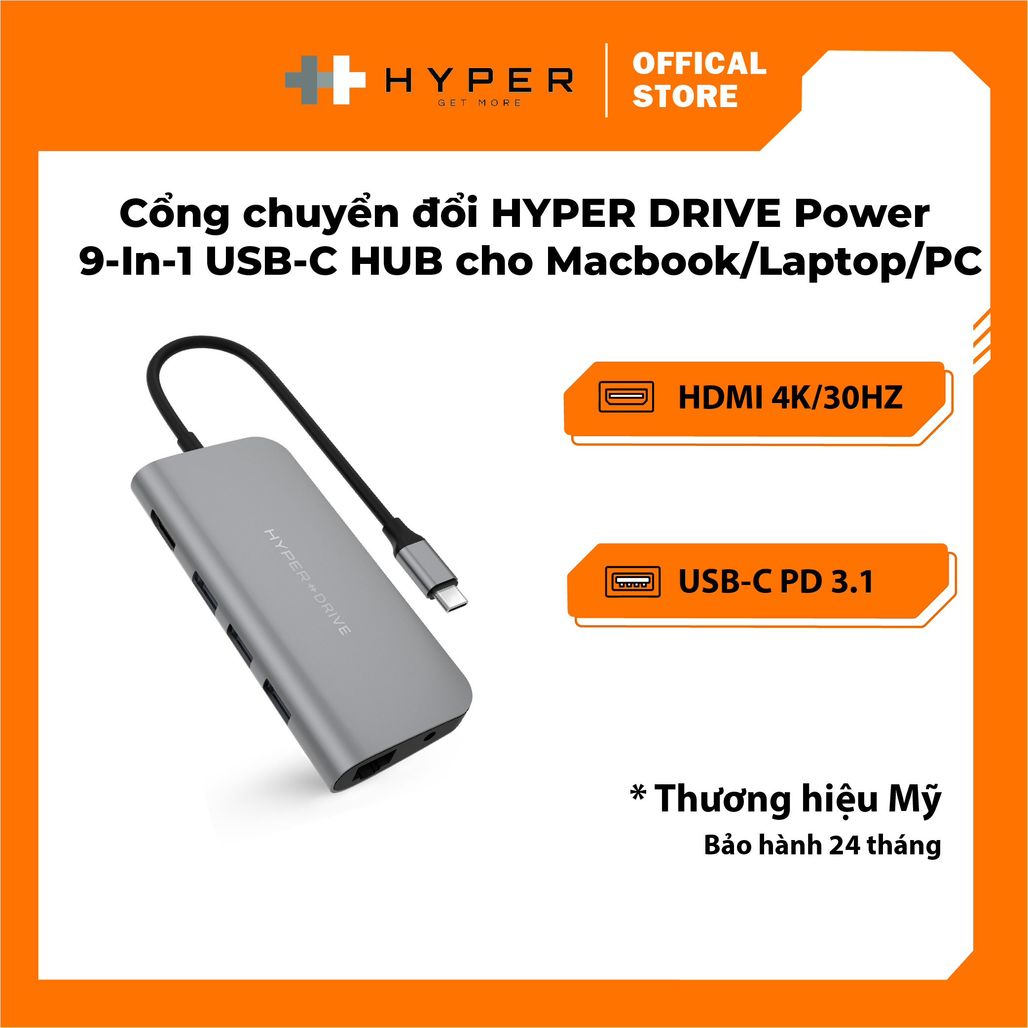 Cổng Chuyển HyperDrive Power 9-in-1 USB-C Hub For iPhone, Macbook, Ultrabook, USB-C Devices - HD30F