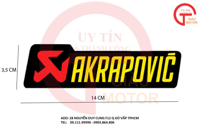 Tem nhôm chữ akrapovic size 3,5 x14 cm