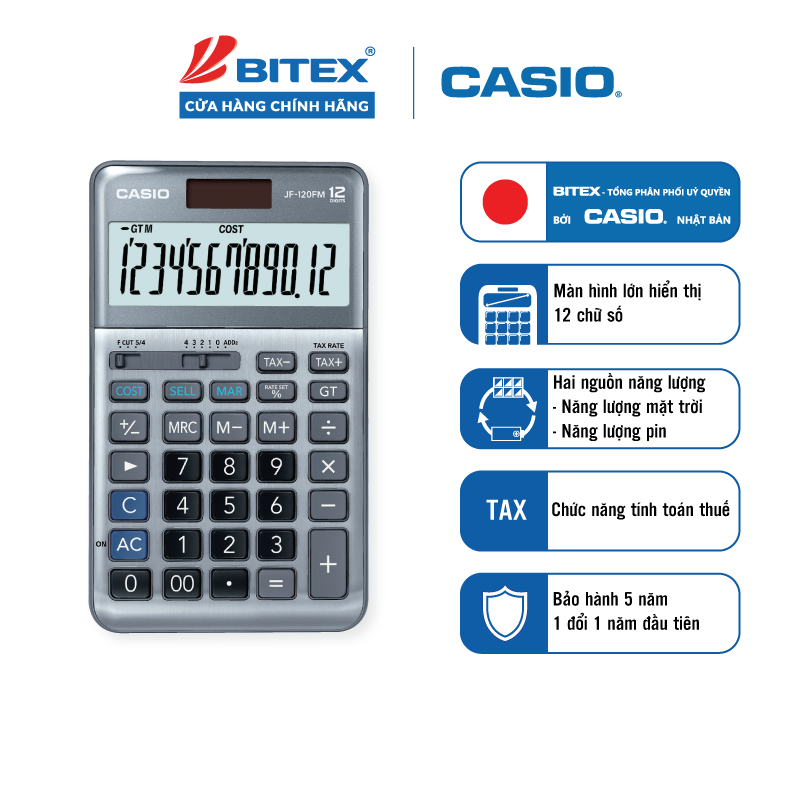 Máy tính CASIO JF-120FM chính hãng, hiển thị 12 số, nhiều chức năng, dùng trong văn phòng
