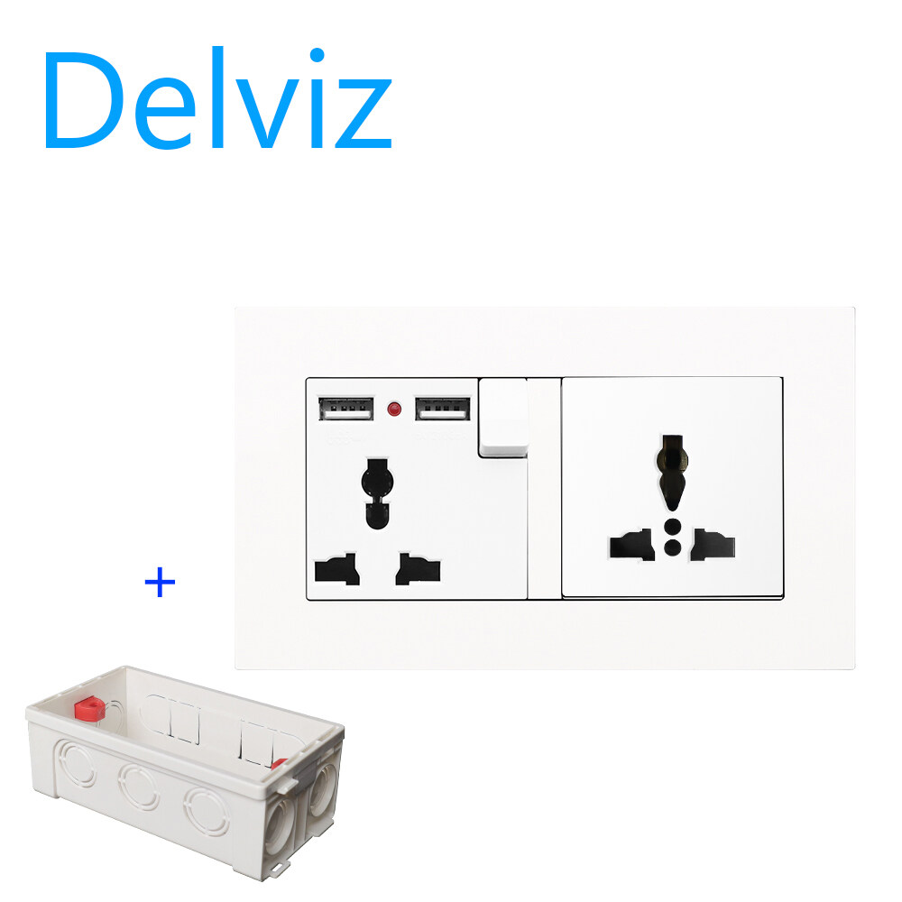 Delviz Southeast Asia wall mounted socket, household jack, AC 110-250V, 146mm * 86mm white panel, EU 3-hole USB socket+3-hole power socket, 5V2.1A charging socket,equipped with junction box, easy to install