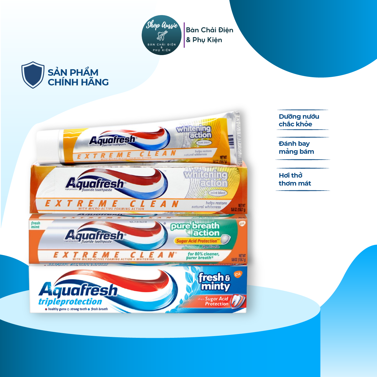 Kem đánh răng aquafresh - đánh bay mảng bám, dưỡng nướu chắc khỏe, hơi thở thơm mát