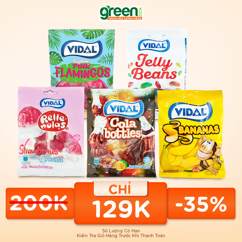 Combo 5 loại kẹo dẻo Vidal, Kẹo dẻo nước ép trái cây hình quả chuối Vidal Tây Ban Nha 80g không chất béo chuyển hóa