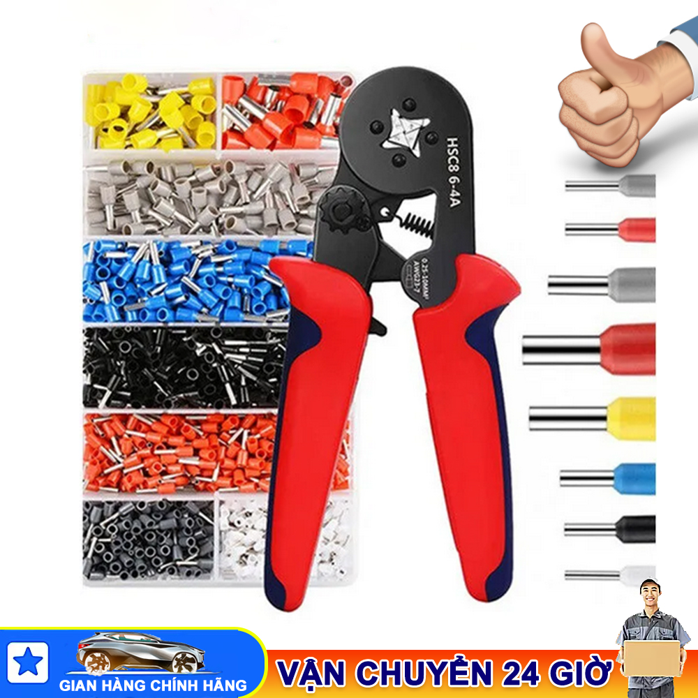 CHÍNH HÃNG - Kìm bấm cos vuông HSC8 6-4A tự điều chỉnh kèm 1200 đầu cos đủ loại cos ống tròn cos pin, bộ đầu cos dây điện,kìm cos,kìm ép cos