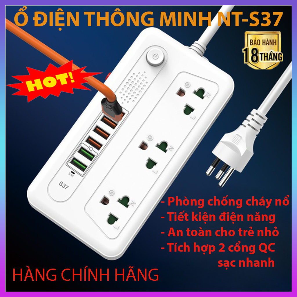 Ổ cắm điện đa năng NT-S37, 2 cổng iQ auto max, 6 cổng USB, 3 phích cắm, ổ điện chịu tải, ổ điện nhiều lỗ, ổ điện đa năng, ổ điện gắn tường, ổ cắm điện hẹn giờ, ổ cắm tiết kiệm điện